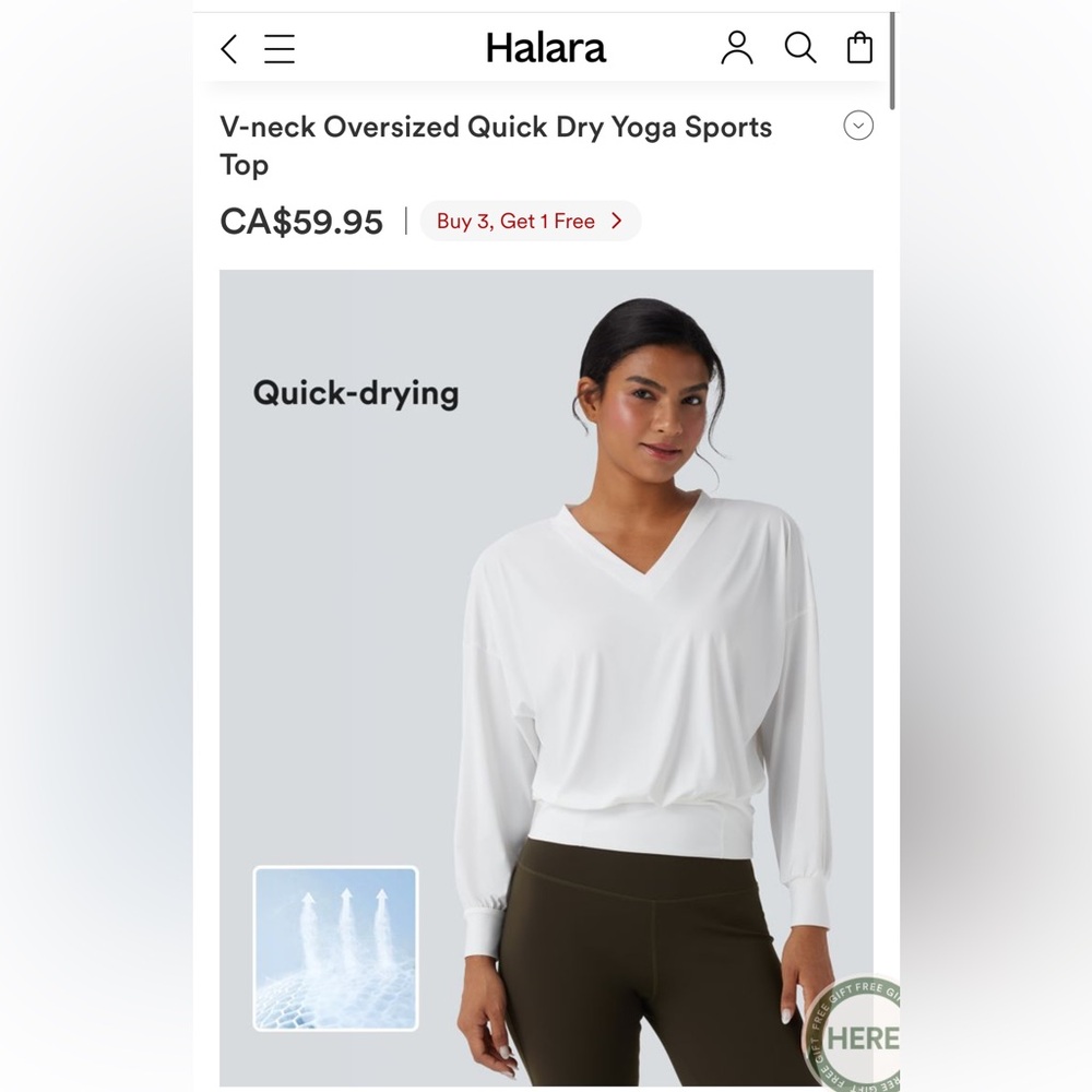 Halara Long Sleeve Top White V-neck Oversized Quick Dry Yoga Sports MSRP $59.95